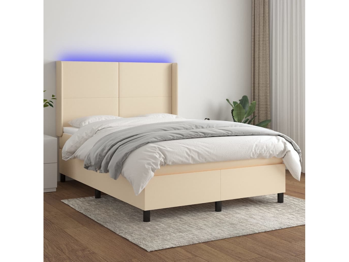 Vidaxl Cama Box Spring C/ Colchão E Led 140x190 Cm Tecido Cor Creme