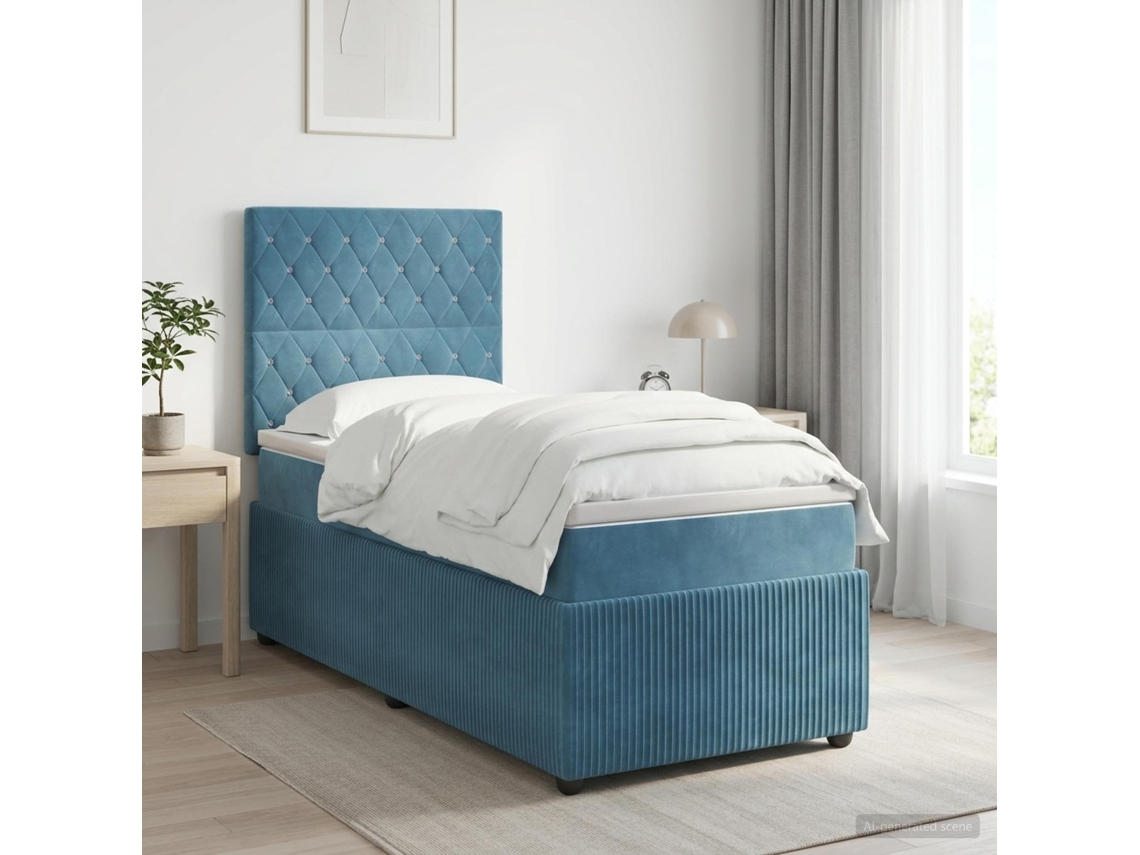 Vidaxl Cama Box Spring Com Colchão Azul 90 X 200 Cm Veludo