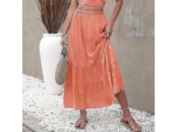 Saia Maxi Feminina Boho De Cor Solida Com Volante, Alça Alta, Leve E Confortável Para Verões E Ocasiões Causais Rosa