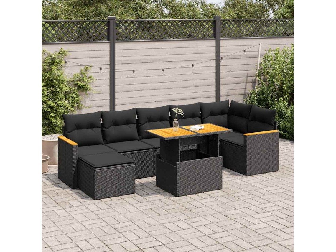 Vidaxl 8 Pcs Conjunto Sofás Jardim Com Almofadões Vime Pe/acácia Preto