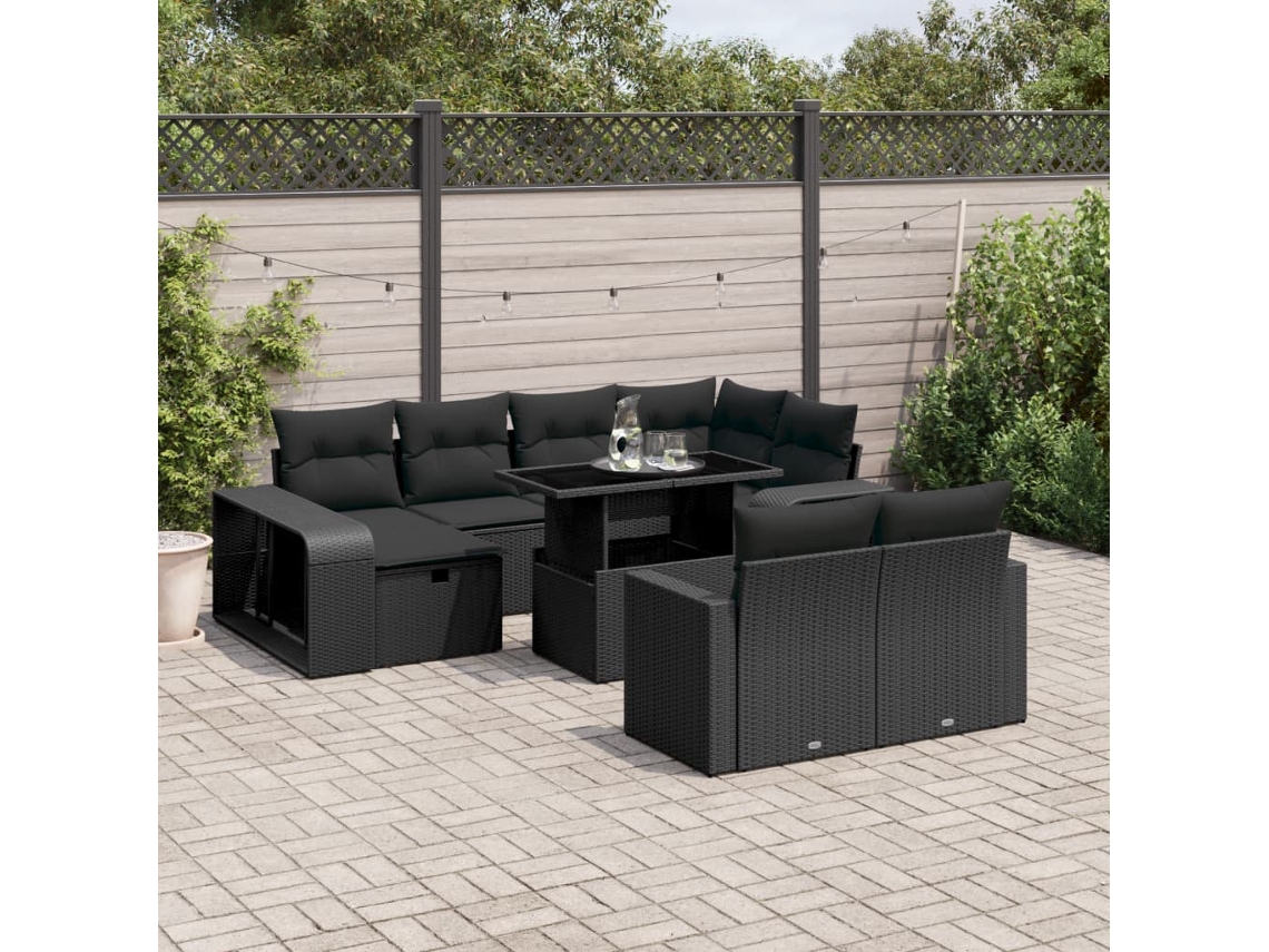 Vidaxl 11 Pcs Conjunto Sofás de Jardim C/ Almofadões Vime Pe Preto