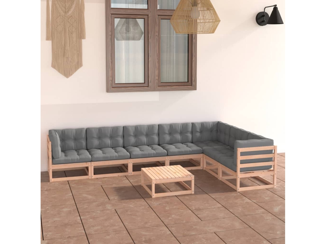 Conjunto Lounge Jardim 8 Peças C/ Almofadões Pinho Maciço Dkd Home Decor