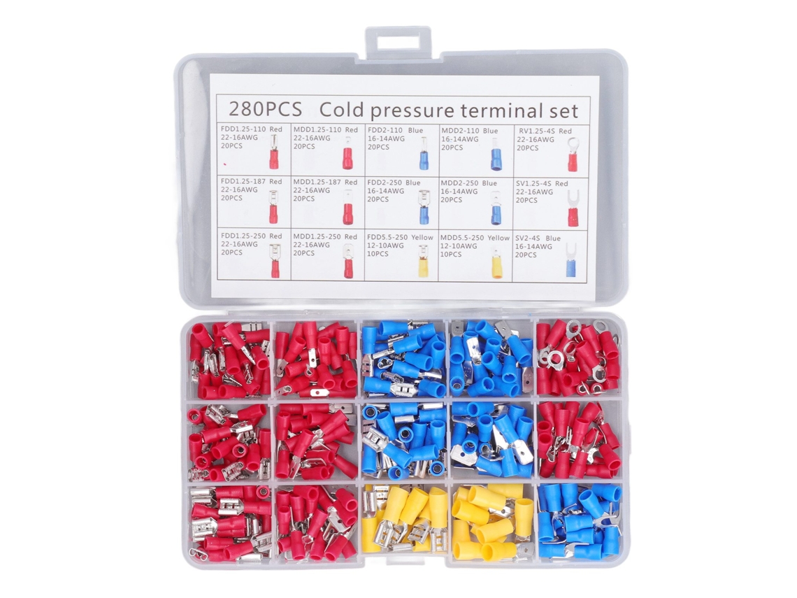 Kit 280 Terminais Prensados A Frio Isolados Latão Conectores Fio Automóvel Navio