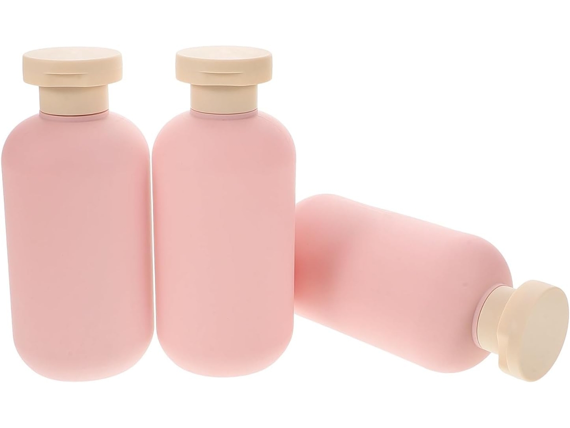 Conjunto de 3 mamadeiras Macias Pink de 200ml para bebês com tampa flip-top e dosador.
