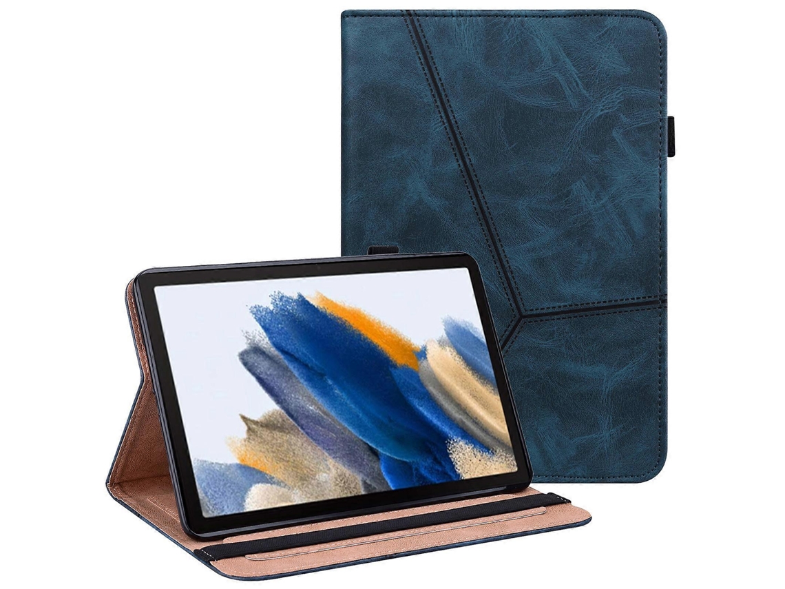 Capa de couro sintético Hengrongshen para Samsung Galaxy Tab A9 com linhas impressas e compartimentos para cartões, azul