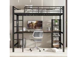 Cama Alta 90x200 Cm Com Secretária E Prateleira De Arrumação Com Escada De Segurança De 5 Degraus Metal Mdf Preto Natural Estilo