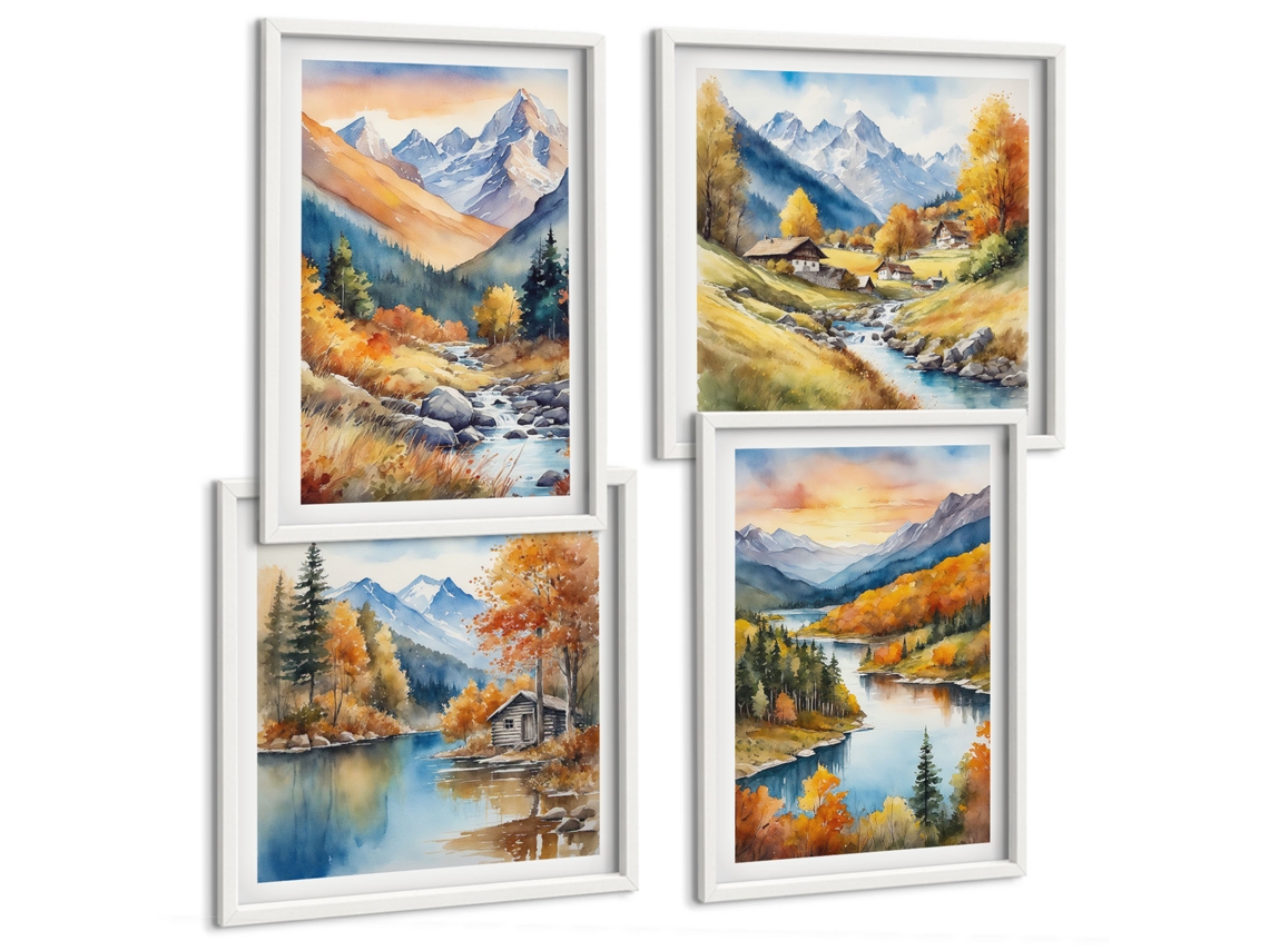 Composição De Quadros Rios De Montanha Árvores De Outono Espelharte (4 Peças)
