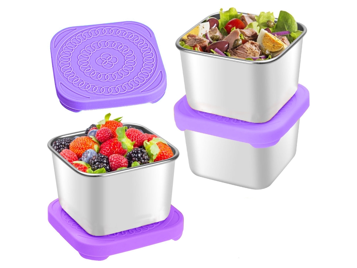 Conjunto 3 Peças Recipientes Em Aço Inox 180ml - Mini Marmitas Antivazamento Com Tampa De Silicone Para Lanches