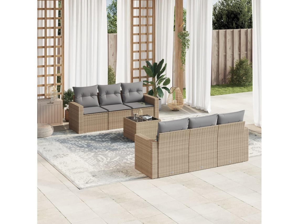 Vidaxl 7 Pcs Conjunto De Sofás P/ Jardim Com Almofadões Vime Pe Bege