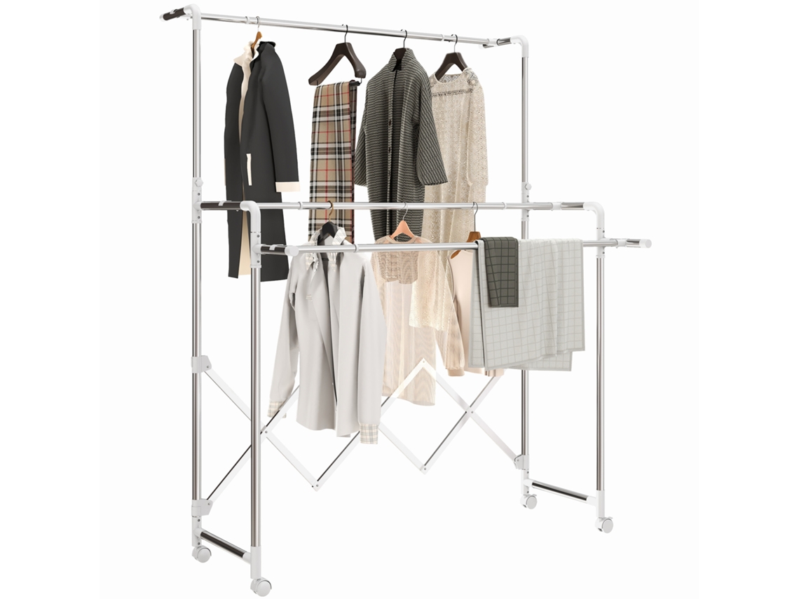 Secador de Roupa Dobrável 3 Barras Ajustáveis, Aço Inoxidável, Giratório, para Interno Externo