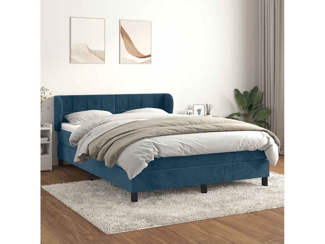 Vidaxl Cama Com Molas/colchão 140x200 Cm Veludo Azul-escuro