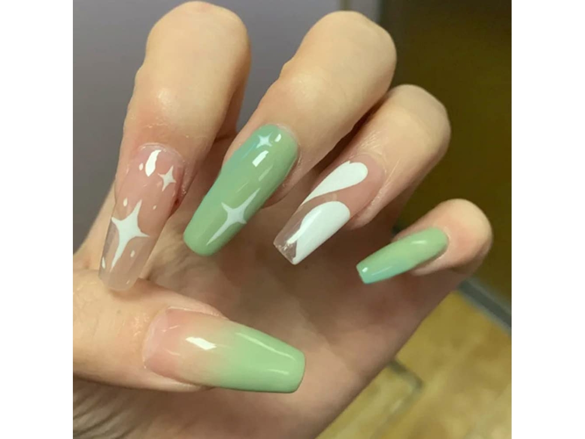 Conjunto de Unhas Artificiais em Gradiente Verde com Estrelas Modelo de Uso Diário Cola Transparente Regular
