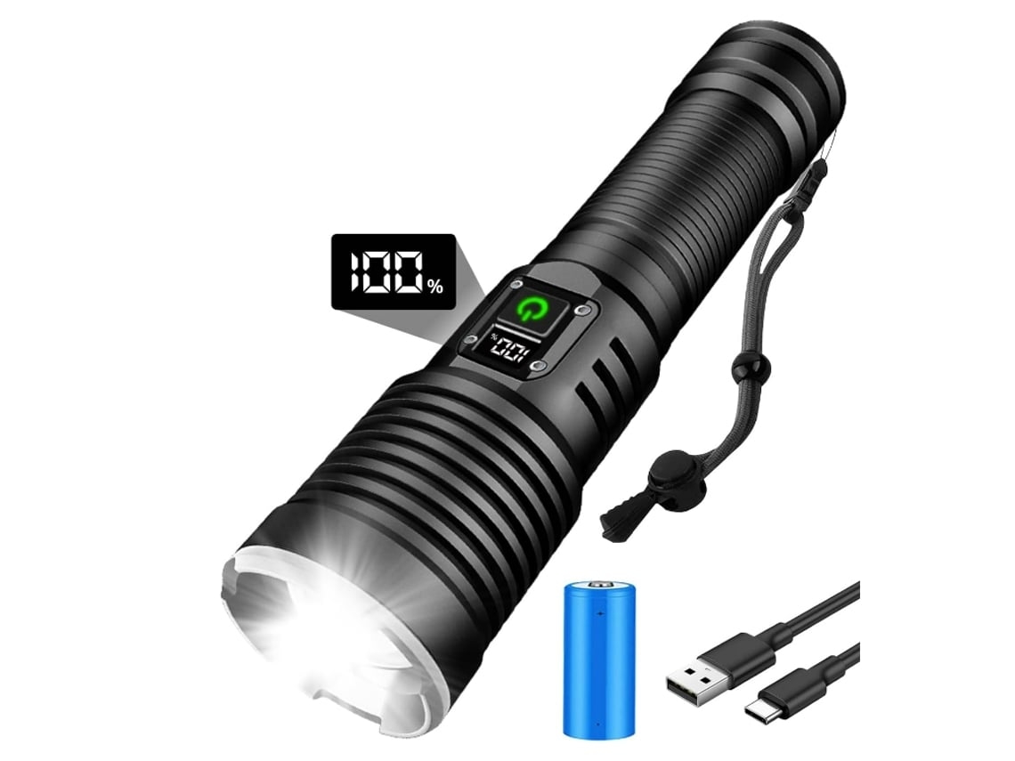 Lanterna BISBISOUS Led Recarregável de 15.000 Lúmens com Display Lcd de Energia Bateria de 5000Mah Foco Ajustável 5 Modos de Luz Preto VIGA EUROPE