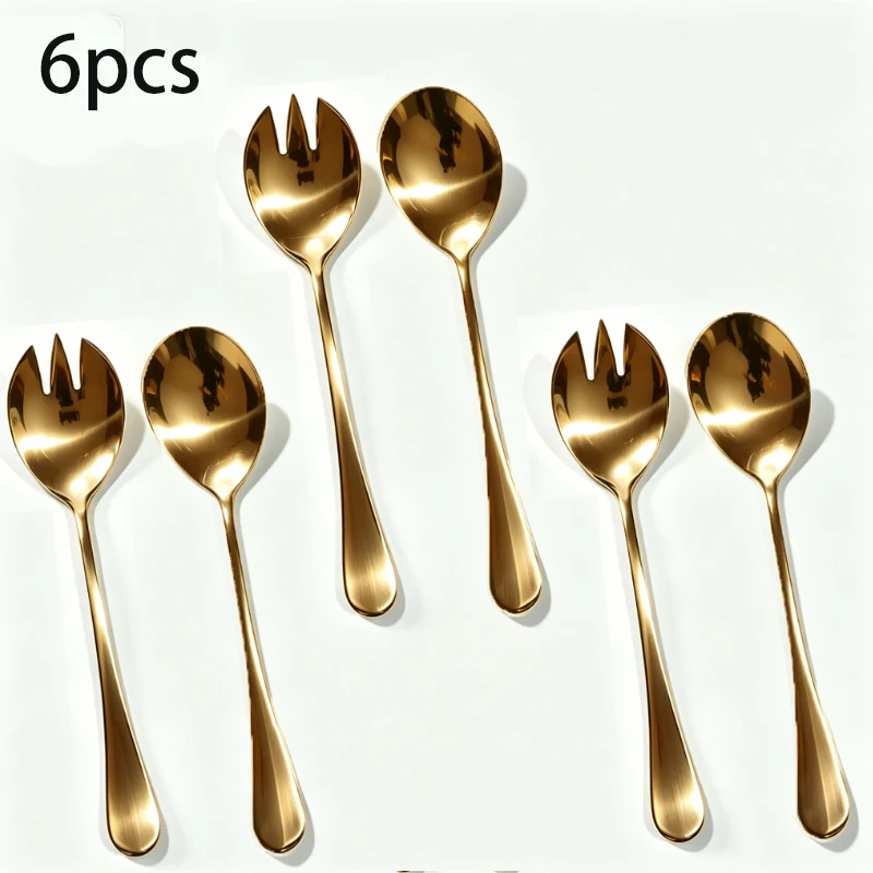 Conjunto De 6 Peças Douradas Com Colher E Garfo Para Salada Em Aço Inoxidável, Essencial Para Restaurantes Que Servem Frutas E Sobremesas.
