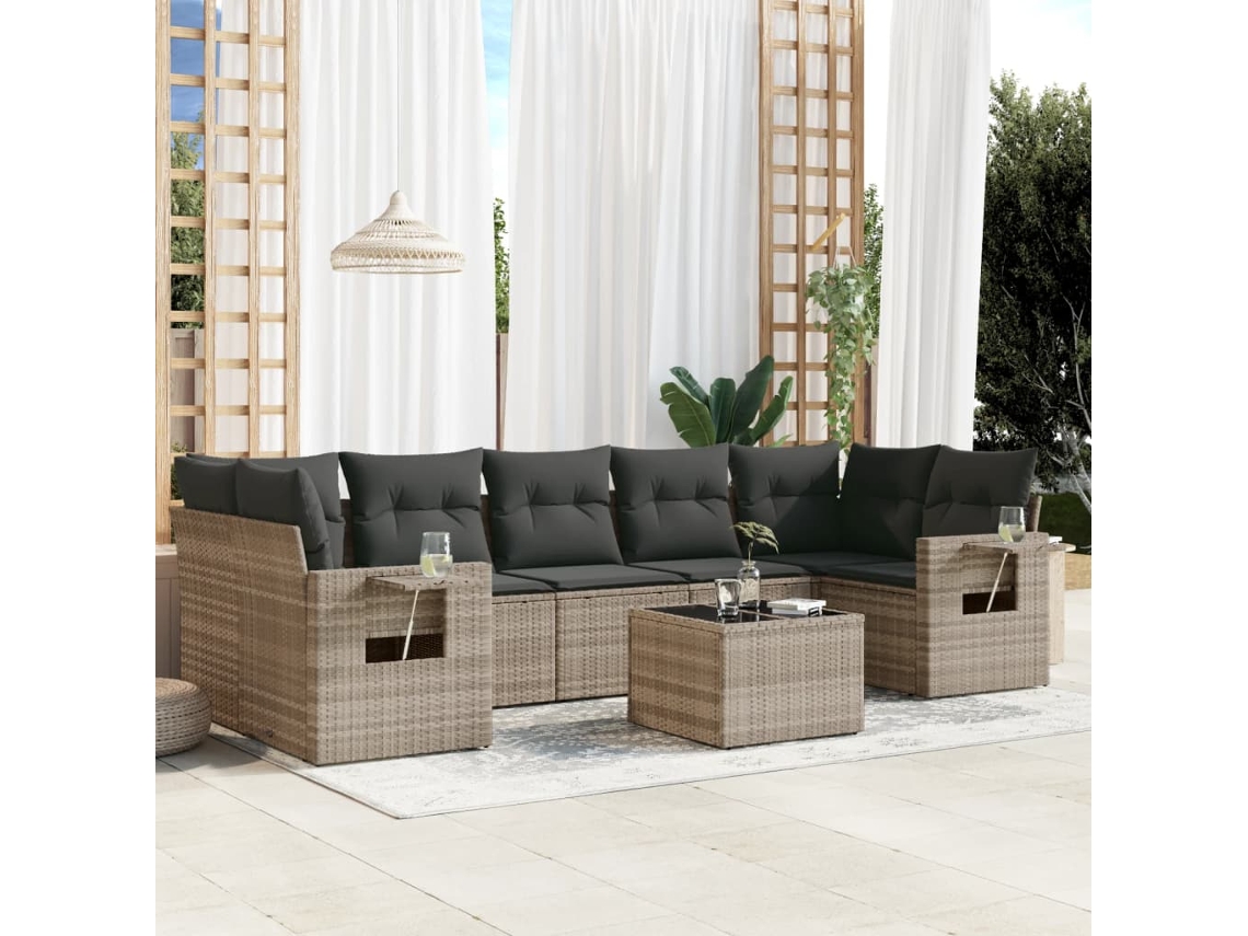 Vidaxl 8 Pcs Conj. Sofás Jardim C/ Almofadões Vime Pe Cinzento-claro