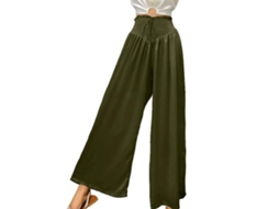 Calça feminina casual de verão Rebe com cintura alta elástica, bolsos e pernas largas, tamanho XL, verde militar.