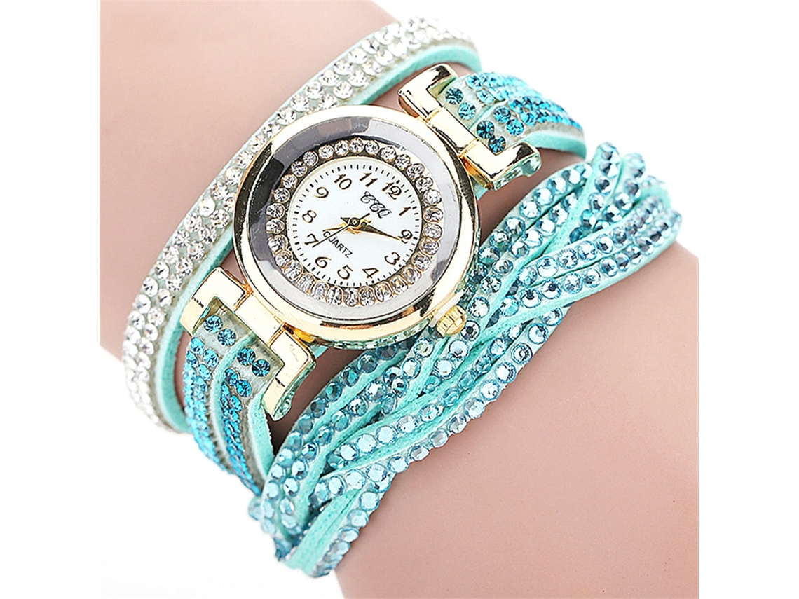 Relógio de Pulso Feminino Quartz Multicamada com Strass Pulseira Pu Fashion Menta
