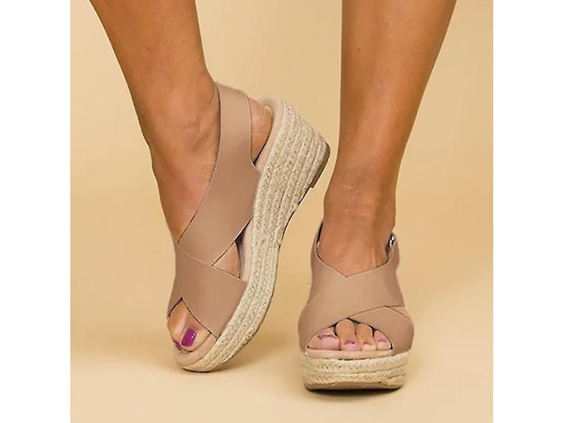 Sandálias Espadrilles com Plataforma Meia, Fita Tornozelo, Verão, Material Sintético, Marrom | S/BRAND