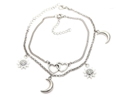 2026 2 Pcs Pulseiras de Tornozelo de Prata com Pingentes de Lua, Sol e Coração Ajustáveis para Mulher