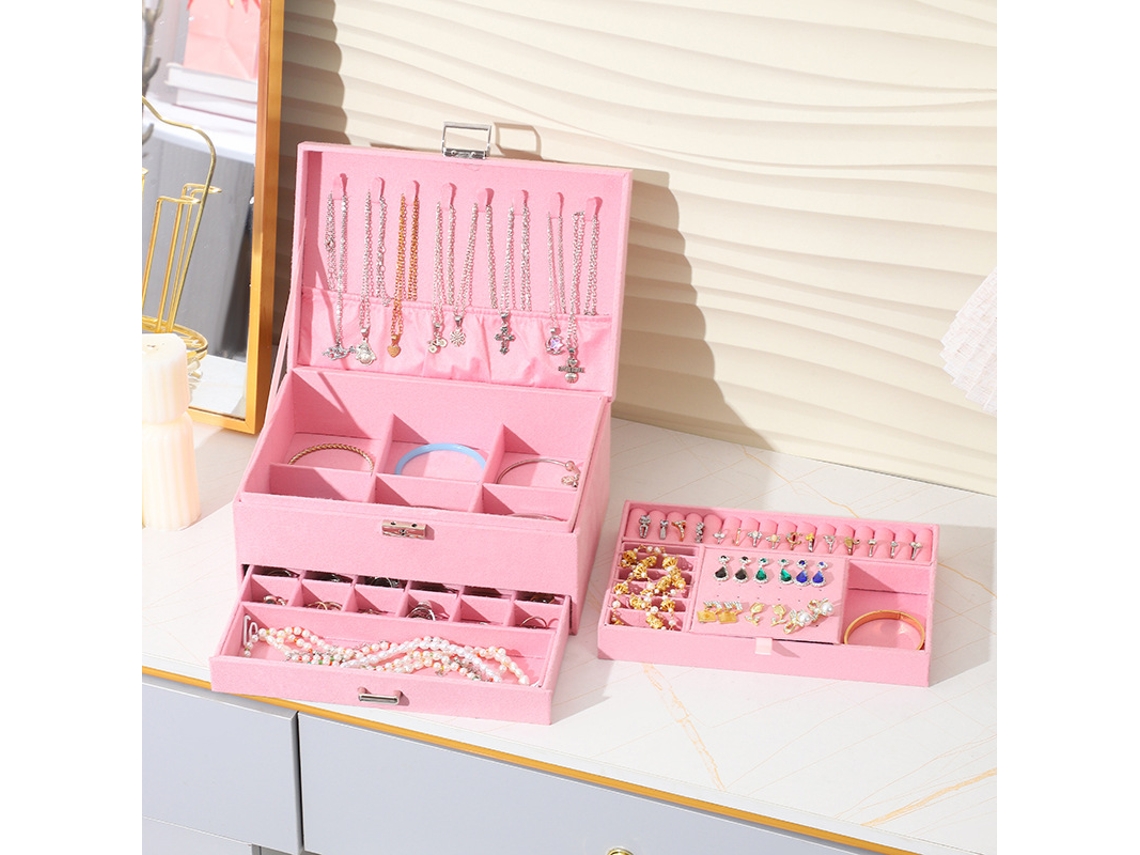 Caixa de Jóias em Moletom de Camurça 3 Camadas com Fecho Rosa 24.5 * 17 * 11.5cm ZSANFS