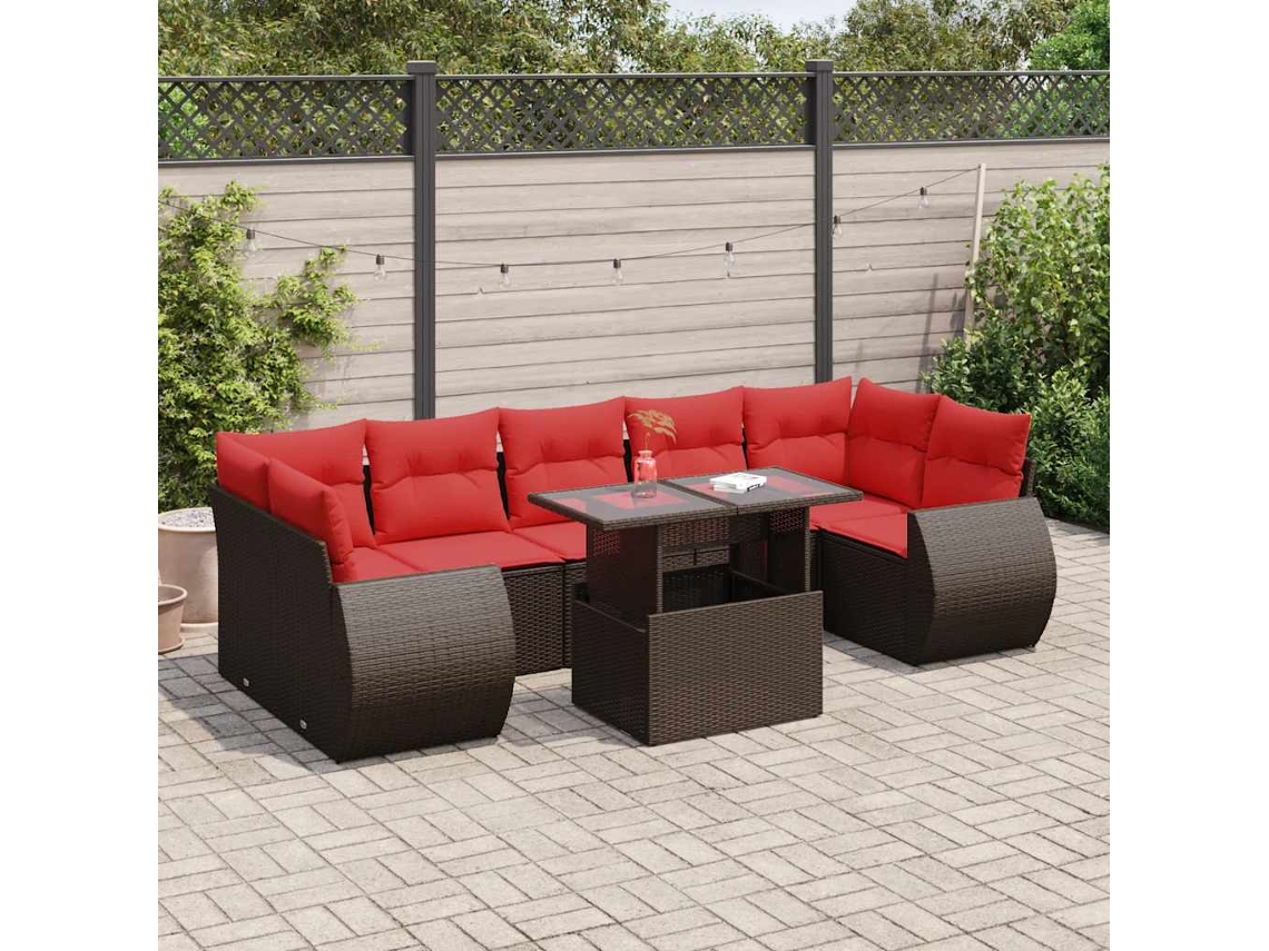 Vidaxl 8 Pcs Conj. Sofás Jardim C/ Almofadões Vime Pe/acácia Castanho