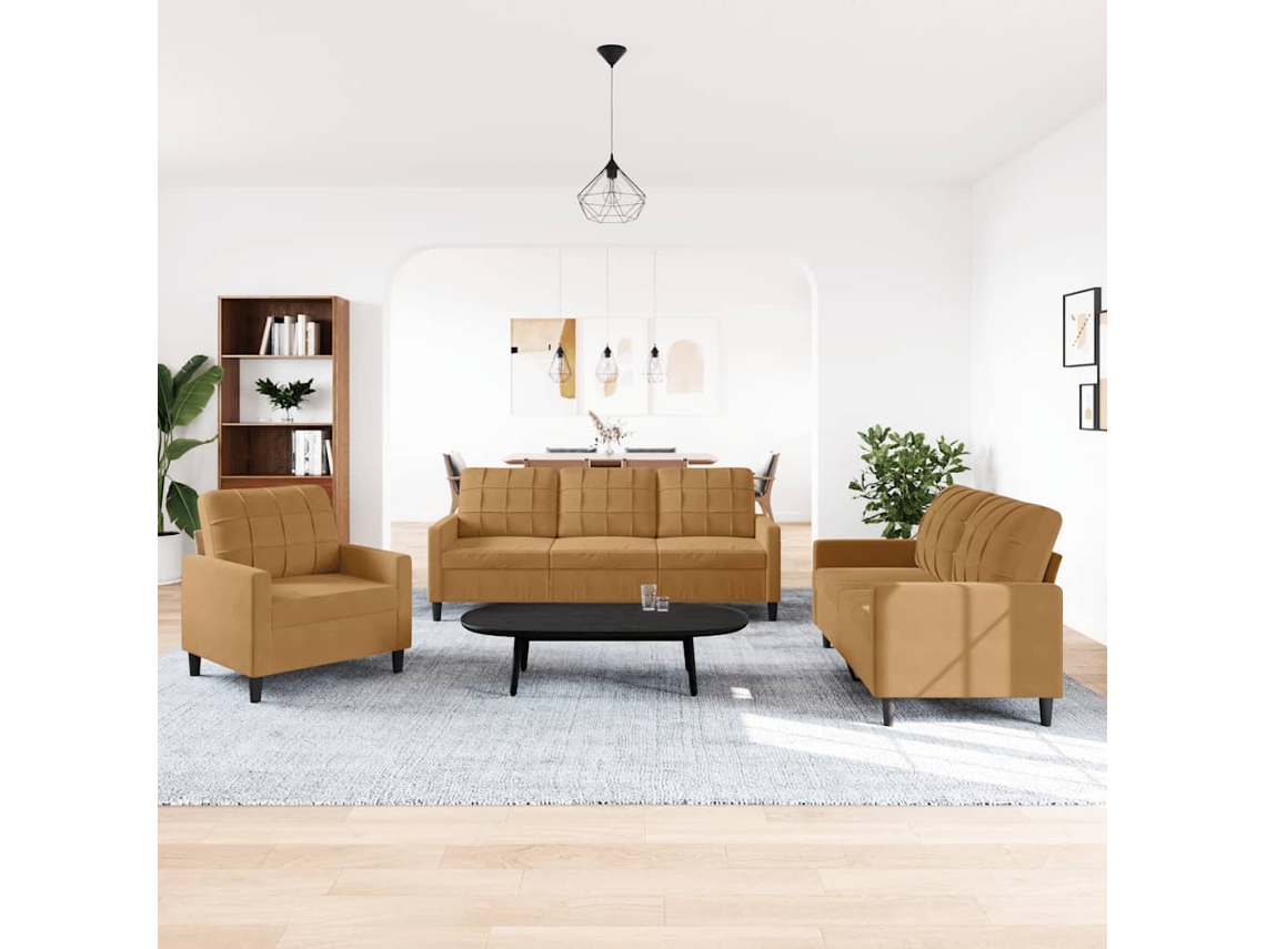 Vidaxl 3 Pcs Conjunto De Sofás Com Almofadões Veludo Castanho