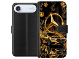Capa Carteira Compatível Com Apple Iphone Air. Carro Dourado Luxuoso Em Frente A Um Horizonte Urbano Brilhante, Com Asas Decorativas E Detalhes Reluze