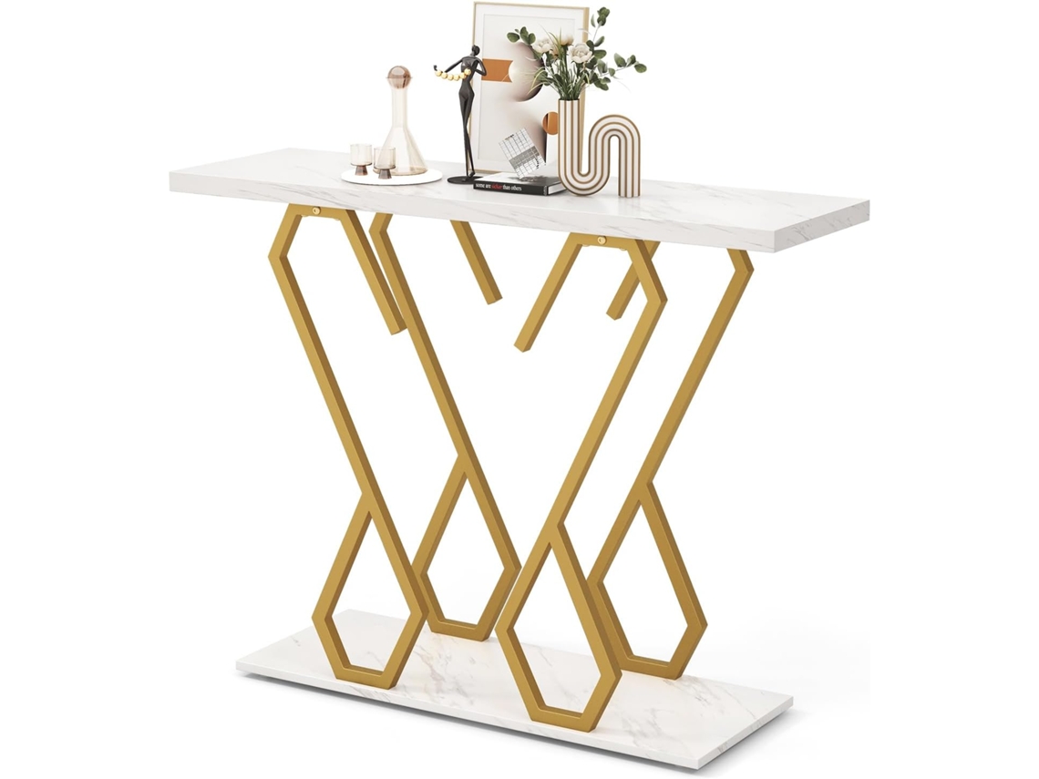 Mesa de Entrada em Mármore Artificial Mesa de Consola Moderna Branca com Tampo em Mármore Artificial e Estrutura Metálica COSTWAY