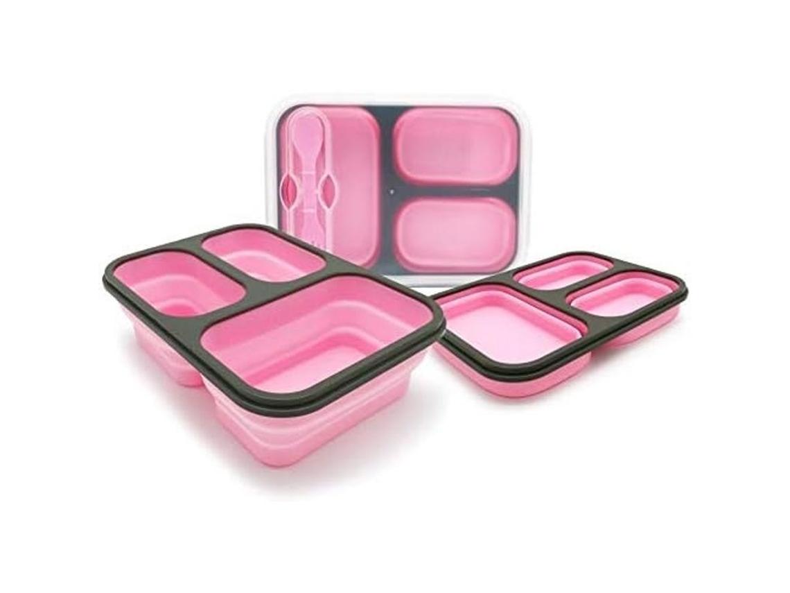 Lancheira Bento dobrável de 1100ml com 3 compartimentos, livre de BPA, com garfo e tampa à prova de derramamento.