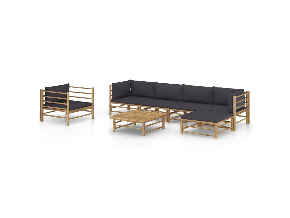 7 unidades Conj. Lounge Jardim Em Bambu C/ Almofadões Cinza Escuro Dkd Home Decor