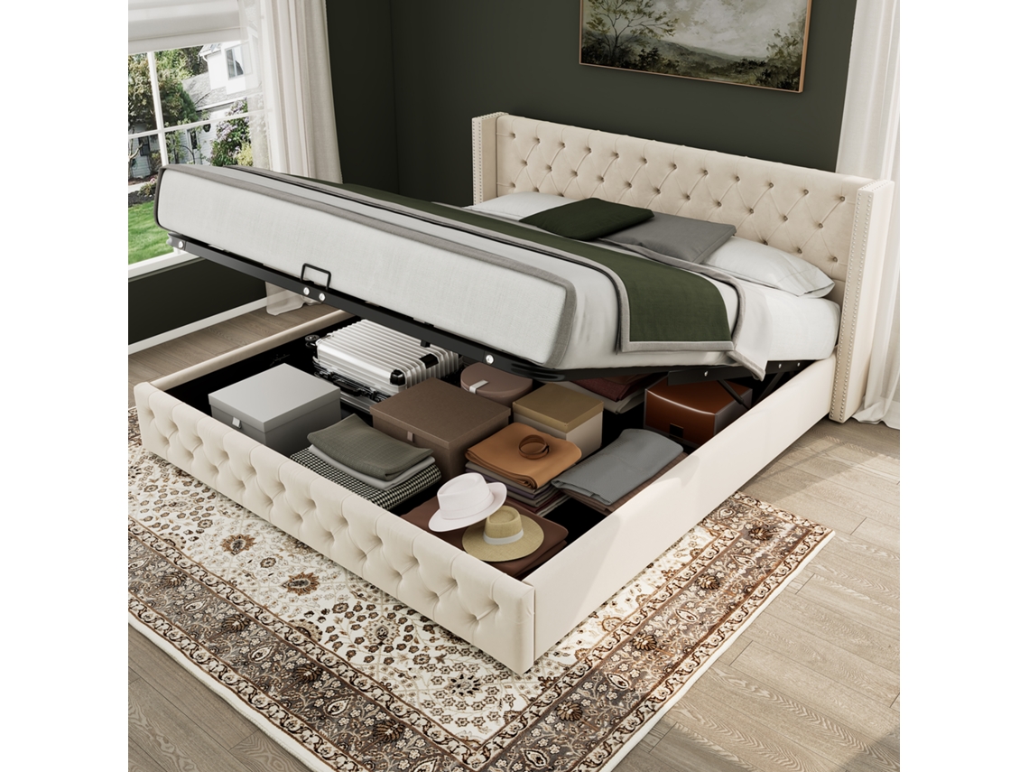Cama de Casal 140x200 Cm, Estofada com Abas Laterais, Dupla Camada de Tachas, Compartimento de Arrumação Hidráulico, Veludo Bege VSOGA