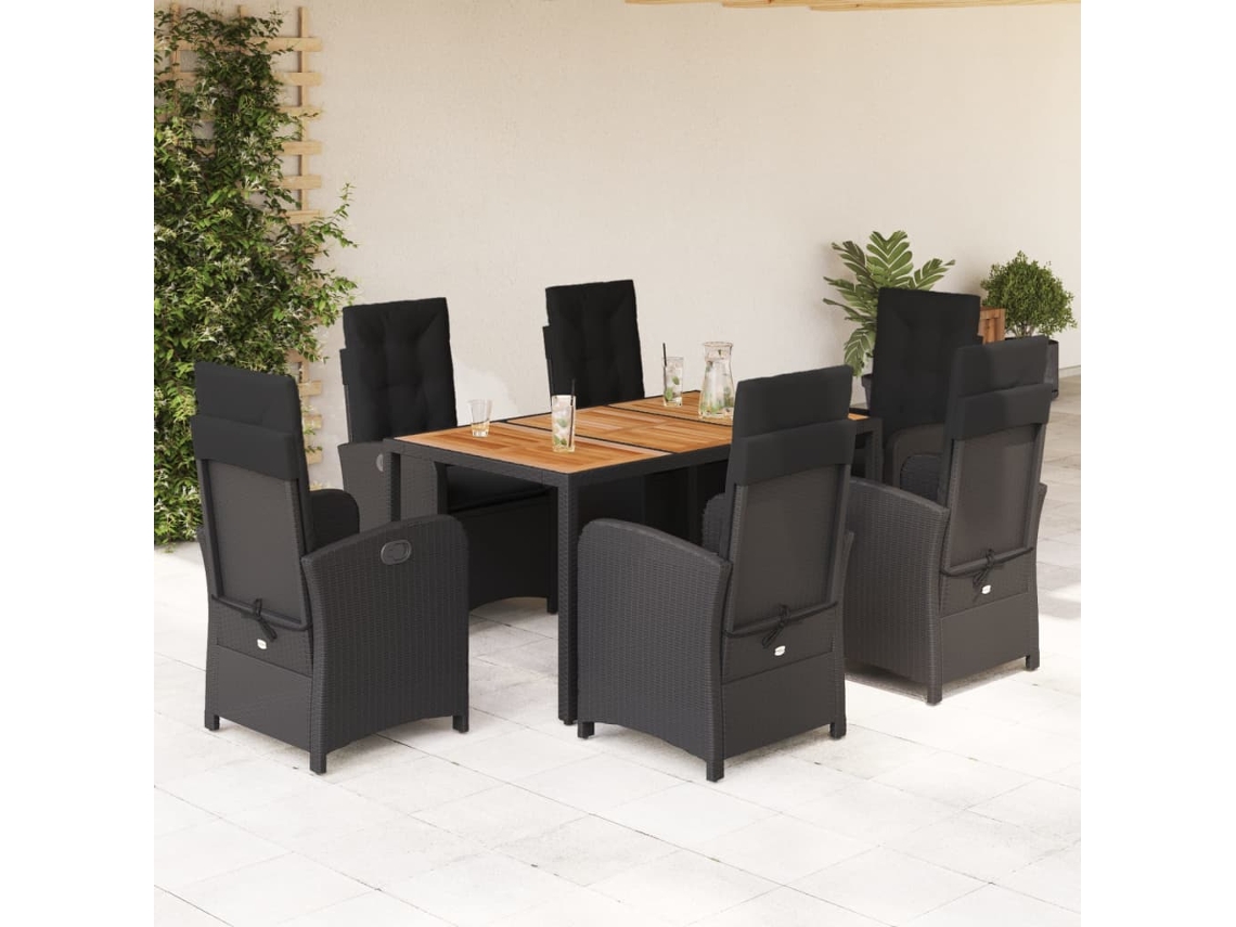 Vidaxl 7 Pcs Conjunto de Jantar P/ Jardim C/ Almofadões Vime Pe Preto