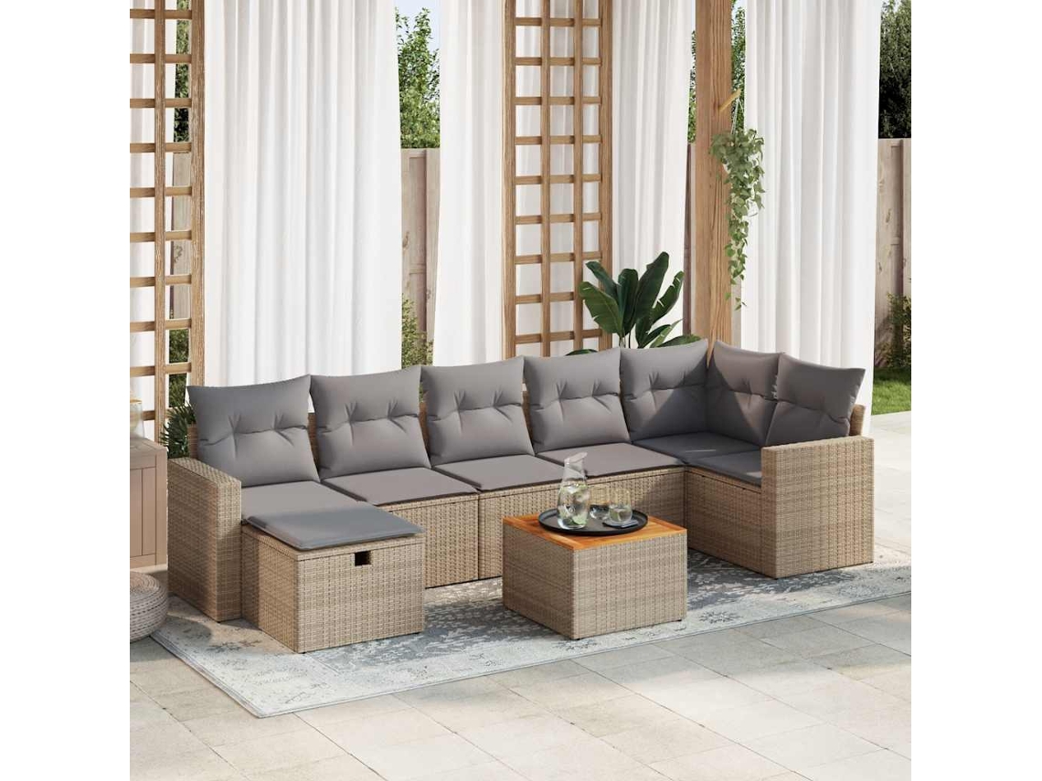 Vidaxl 8 Pcs Conjunto De Sofás P/ Jardim Com Almofadões Vime Pe Bege