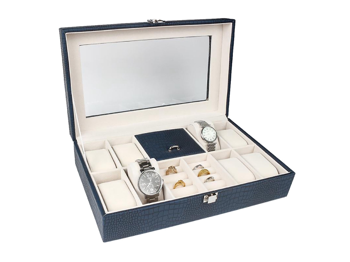 Caja De Joias Com Cristal Acrílico Para Relógios Pingentes Anéis Colares Azul