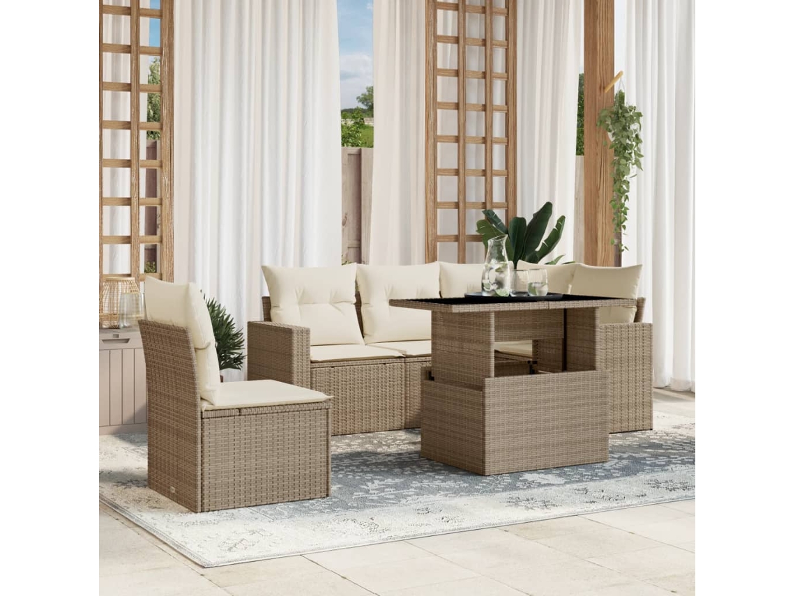 Vidaxl 6 Pcs Conjunto De Sofás P/ Jardim Com Almofadões Vime Pe Bege