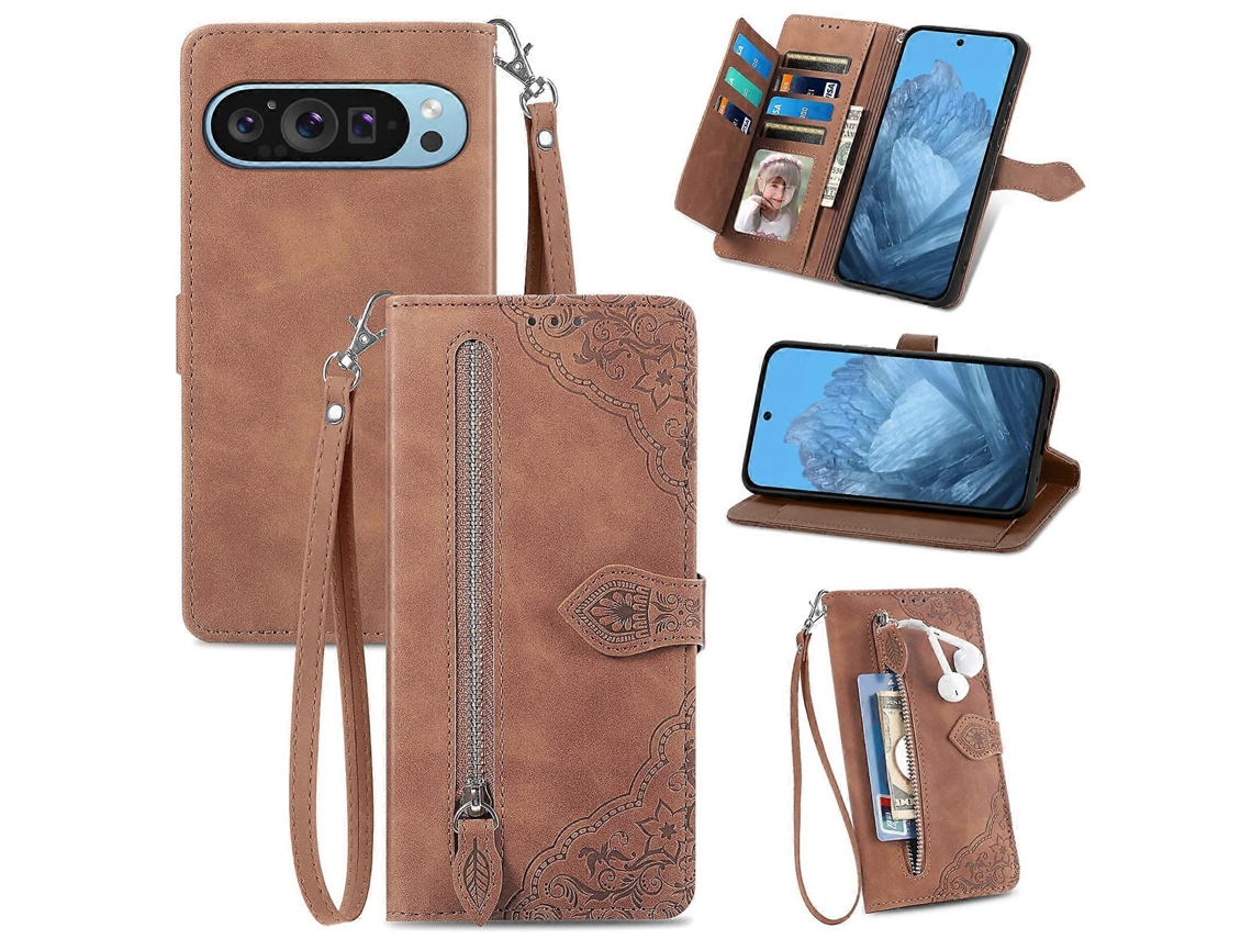Capa De Couro Para Celular Com Zíper E Flor Em Relevo