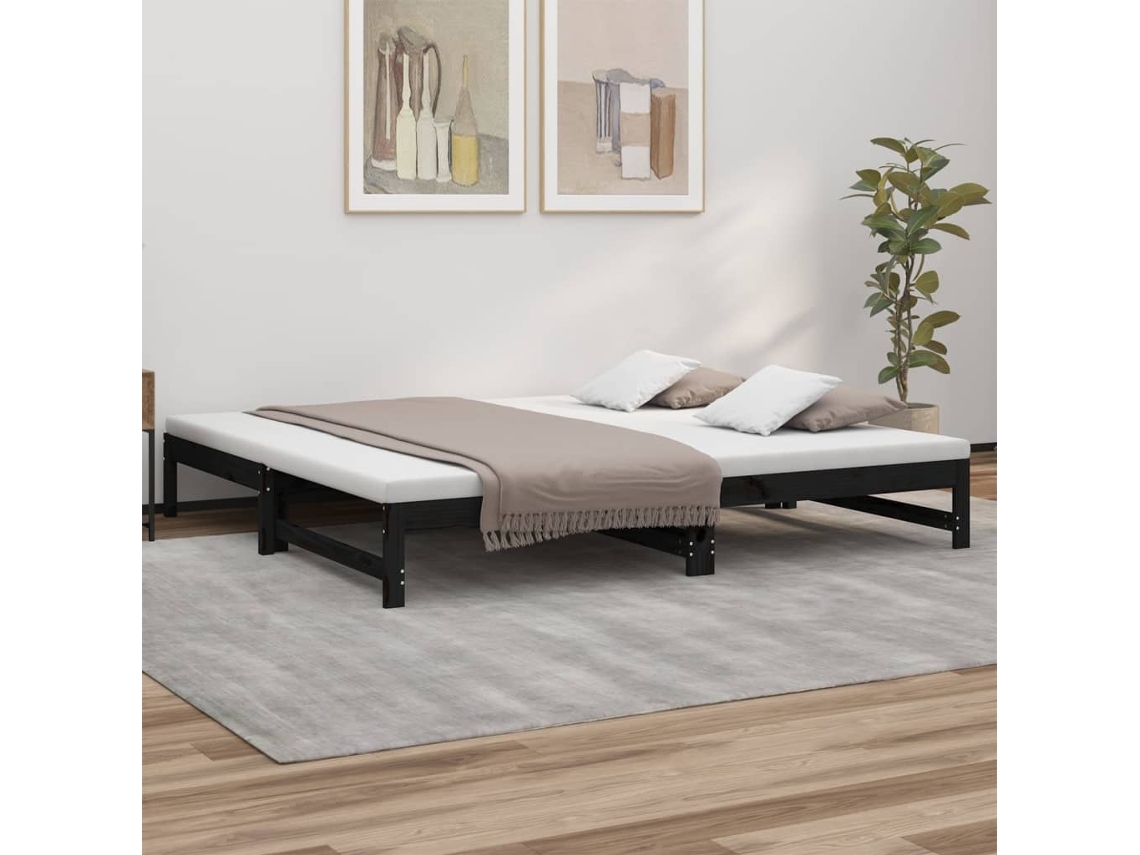 Sofá cama extraíble de 2 plazas (100x200) cm, madera maciza de pino, color negro