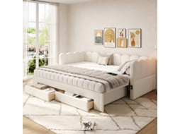 Sofá cama Linho Bege 90x200 Extensível 180cm Gavetas Usb