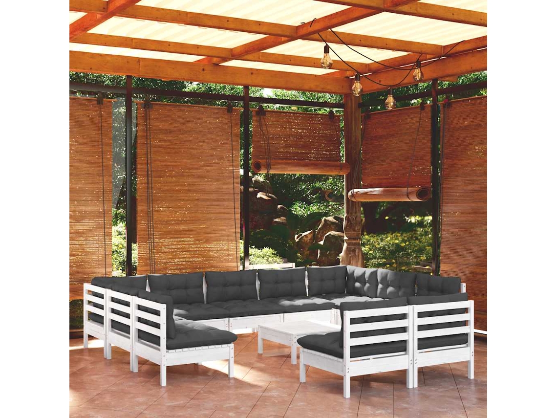 Conjunto 12 Peças Lounge De Jardim C/ Almofadões Pinho Maciço Branco Dkd Home Decor