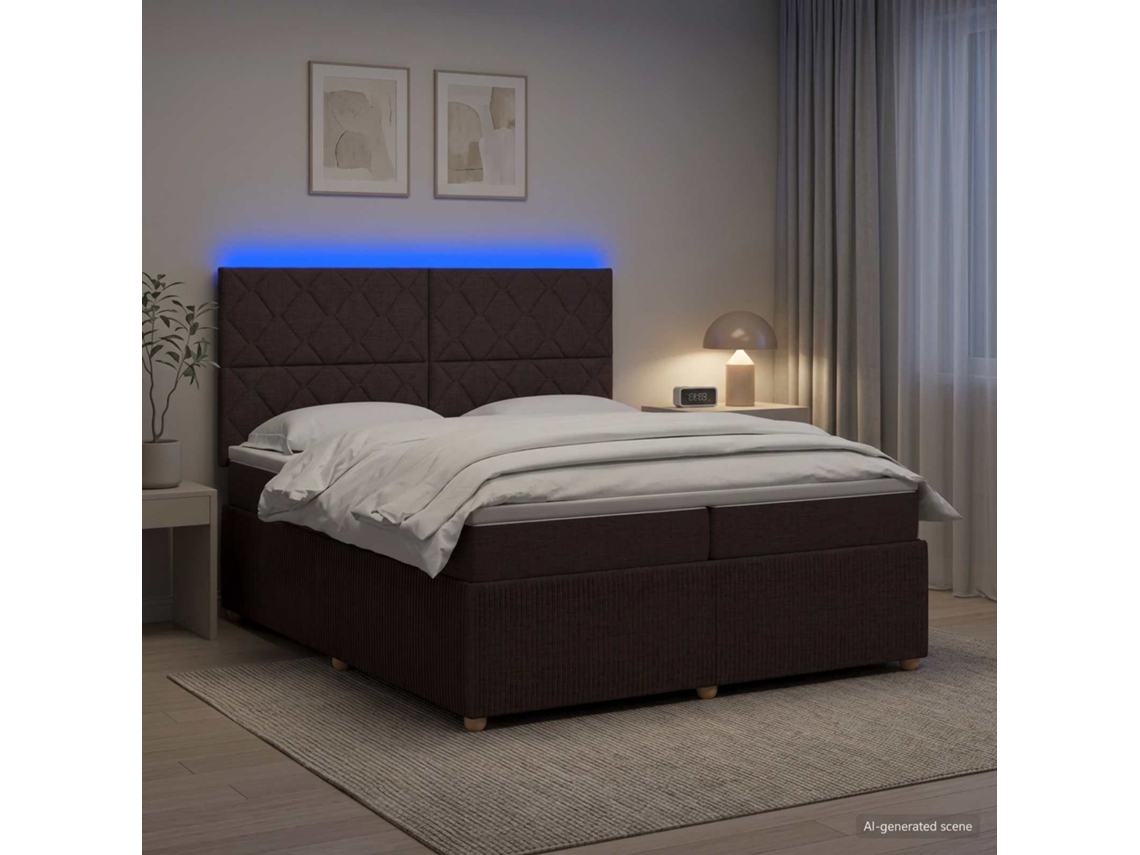 Vidaxl Cama Box Com Led E Colchão Marrom Escuro 200 X 200 Cm Tecido