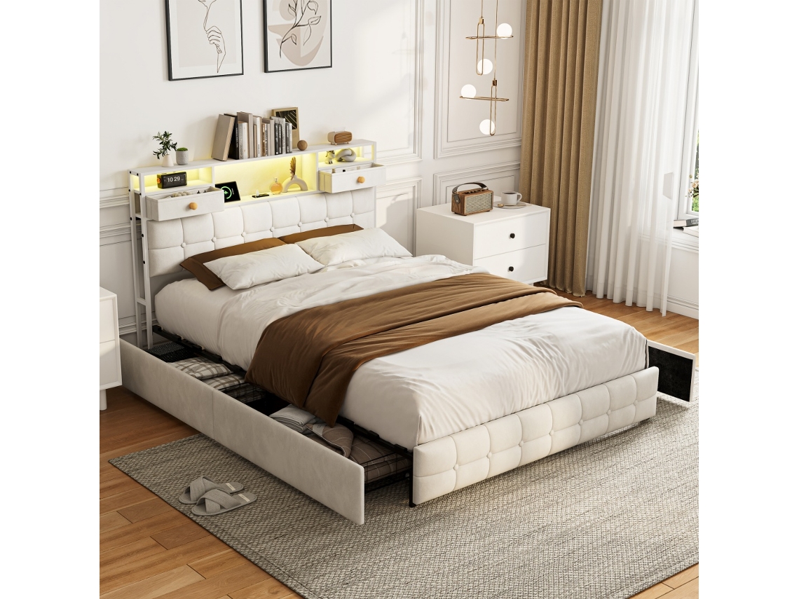 Cama Hidráulica 140x200cm Veludo Creme com Led, Tomada USB, Sem Colchão BURSDANY