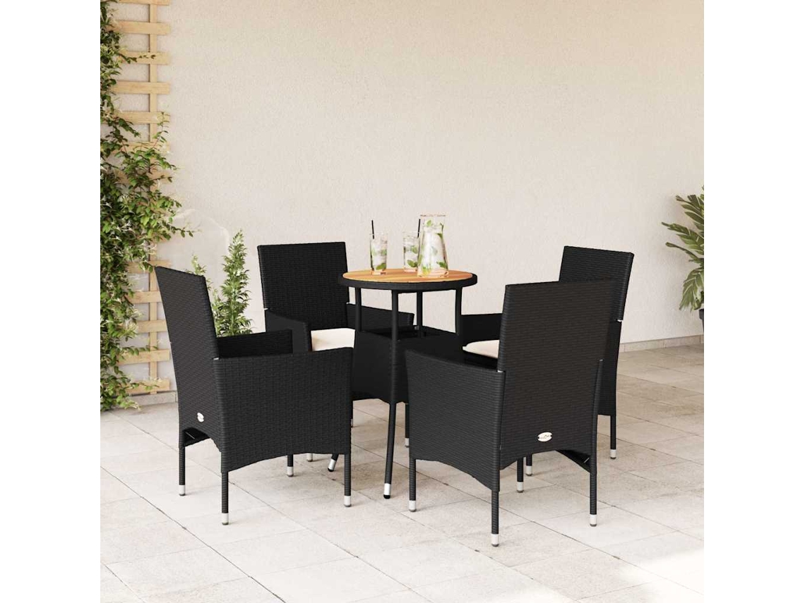 Vidaxl 5 Pcs Conjunto Jantar Jardim C/ Almofadões Vime Pe/acácia Preto