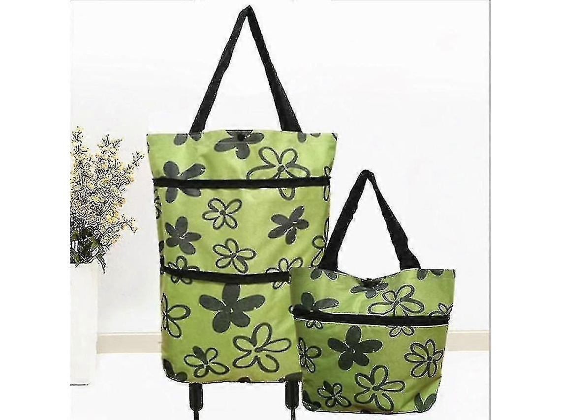 Carrinho de Compras Dobrável 2 em 1 com Rodas e Saco com Zíper Flor Verde GOKOCO