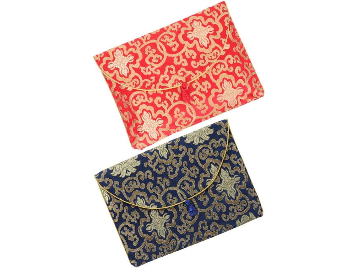 Conjunto de 2 bolsas para escrituras budistas, modelo Village, em brocado azul e vermelho com flores, organizador portátil.