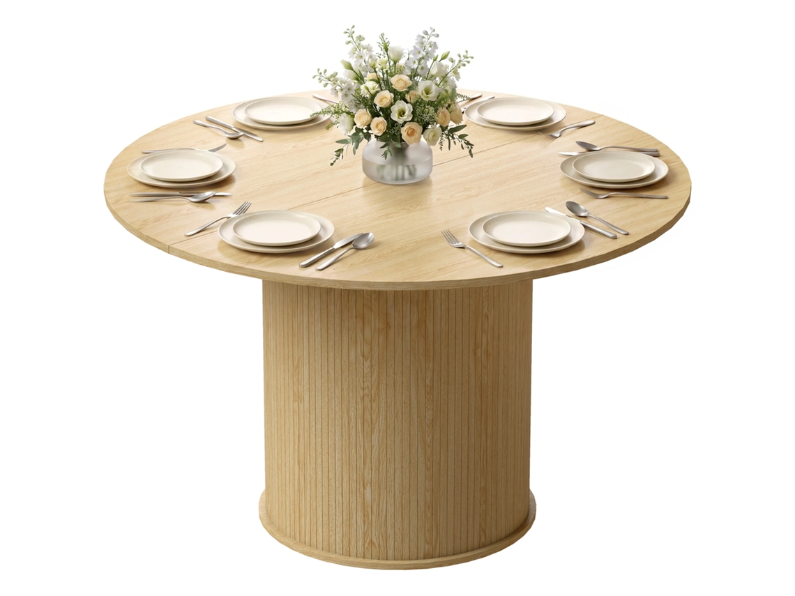 Mesa Redonda Para 4 A 6 Pessoas, Diâmetro 120x75 Cm Para Cozinha, Pés Cilíndricos Canelados, Madeira Natural
