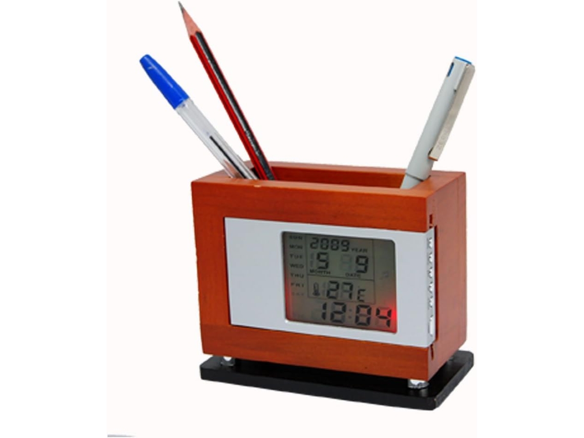 Ruilogod Suporte para Canetas de Mesa Madeira Com Relógio Lcd Destacável E Calendário Id 83e 765afc B41 609