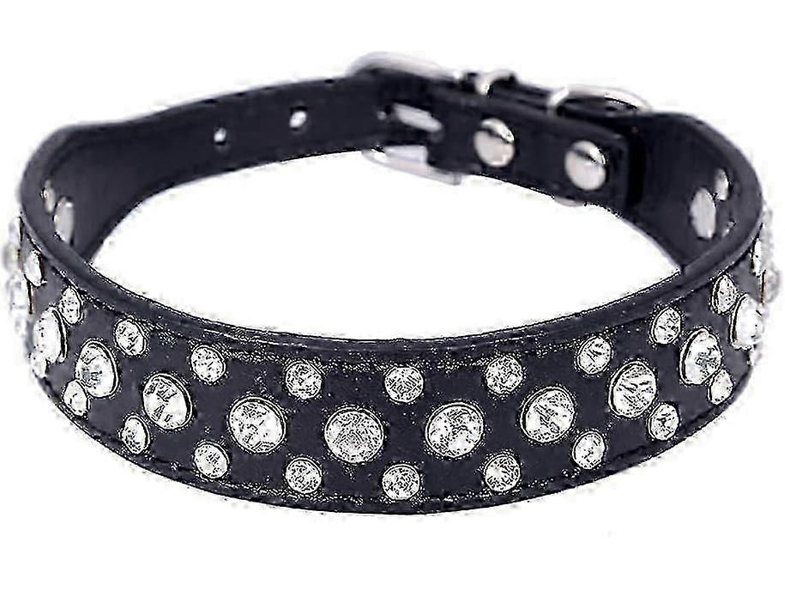 Colar Ajustável Cristal Brilhante Cão Couro Com Strass Raças Pequenas Médias 12-20 Polegadas Preto