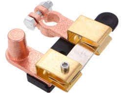 Interruptor de bateria em latão dourado, proteção contra vazamentos e design elegante.