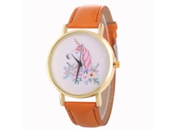 Relógio feminino casual de quartzo com pulseira de couro PU marrom claro.