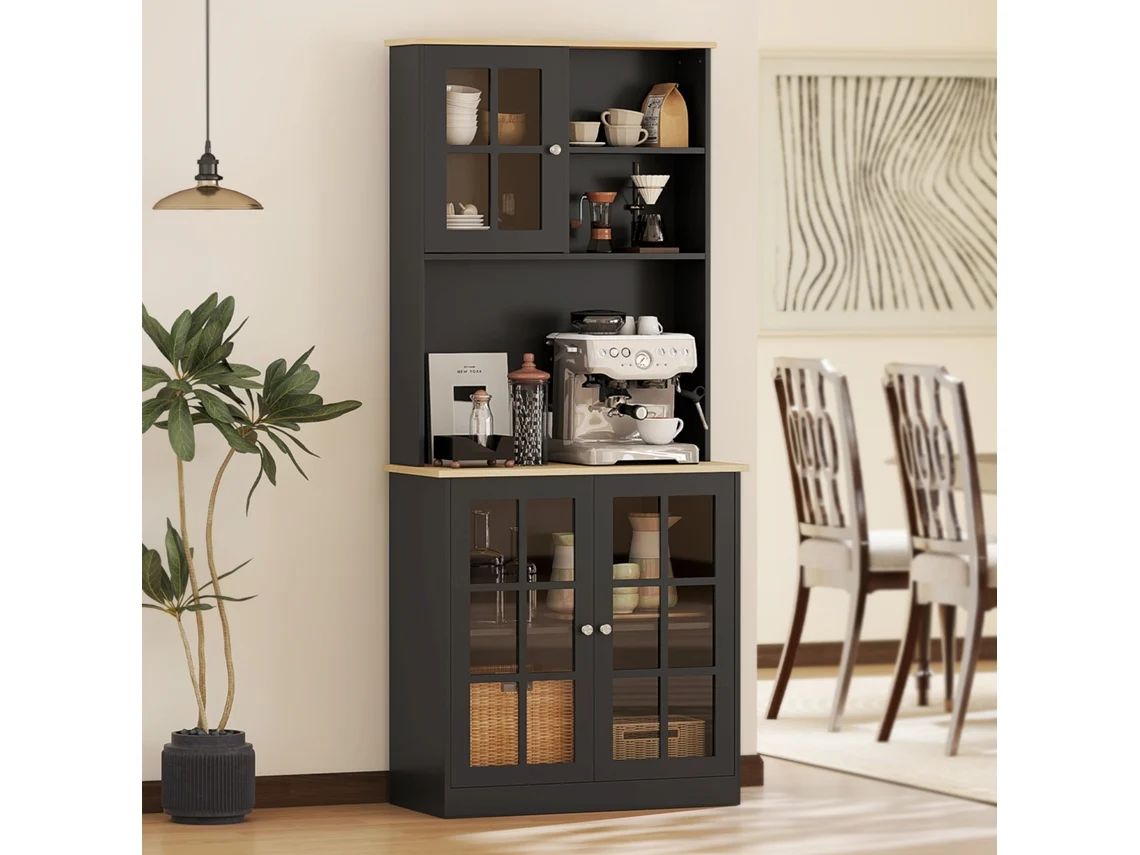 Despensa Alta Cozinha 80x37x183 Cm Preto Portas Vidro Prateleiras Armazenamento Eletrodomésticos Louça para Cozinha Sala ZIWEI STORE